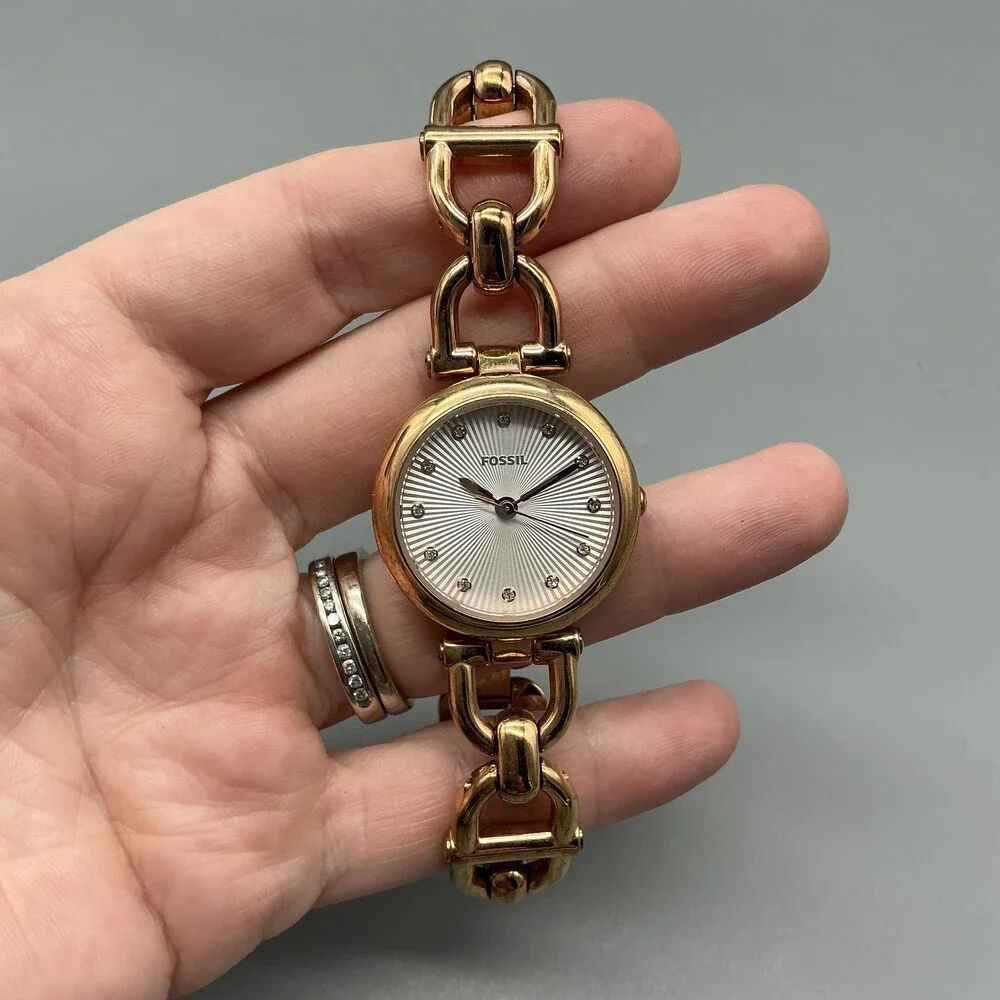 Fossil Womens Watch 28mm Silver Dial Gold Tone Bracelet 50M New Battery 7.5
